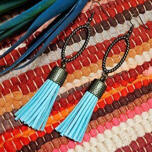 Artisan Hand Crafted Earrings Aqua Blue Faux Suede Tassels Antique Gold Pierced